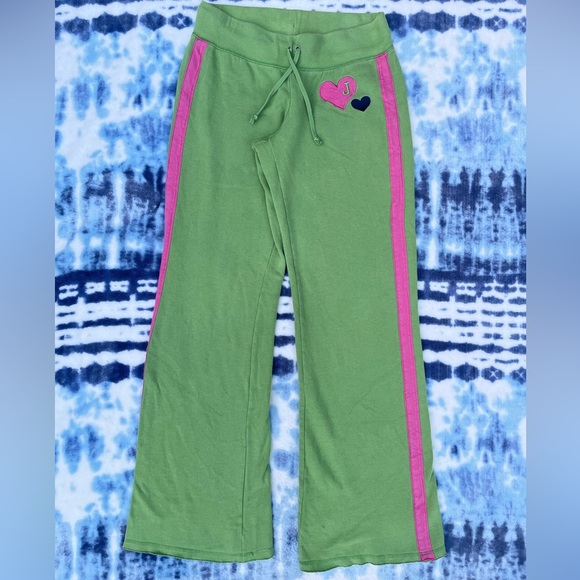 Super Cute & Soft 90s Pink & Green Embroidered Jimmyz Flare Bottom Sweatpants - Picture 1 of 10